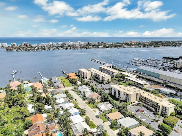 aerial view featuring a water view