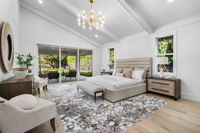 bedroom with an inviting chandelier, high vaulted ceiling, access to exterior, light hardwood / wood-style floors, and beam ceiling