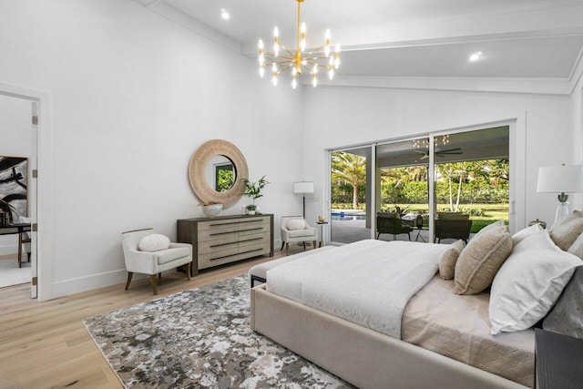 bedroom with a chandelier, high vaulted ceiling, beamed ceiling, access to exterior, and hardwood / wood-style floors