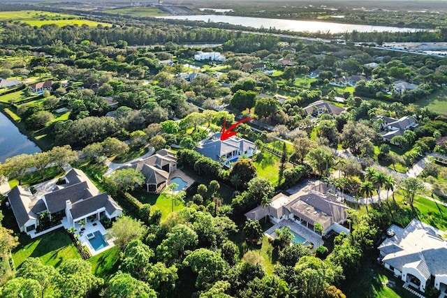 drone / aerial view featuring a water view