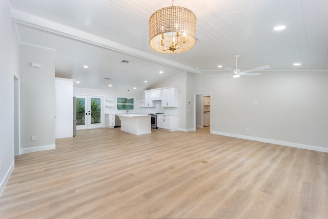 unfurnished living room with french doors, wooden ceiling, vaulted ceiling with beams, light hardwood / wood-style flooring, and ceiling fan with notable chandelier