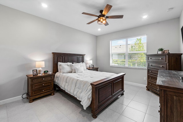 bedroom featuring recessed lighting, ceiling fan, baseboards, and light tile patterned floors