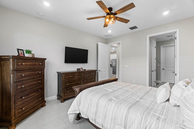 bedroom featuring light tile patterned floors, visible vents, a ceiling fan, and recessed lighting