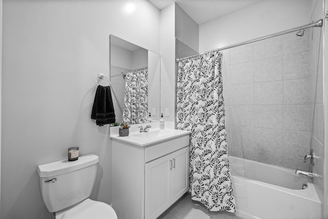 full bathroom featuring shower / bath combination with curtain, toilet, and vanity