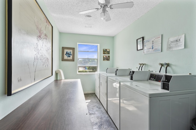 laundry room featuring ceiling fan, light colored carpet, a textured ceiling, and washing machine and clothes dryer