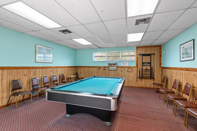 rec room featuring a paneled ceiling, dark colored carpet, and pool table