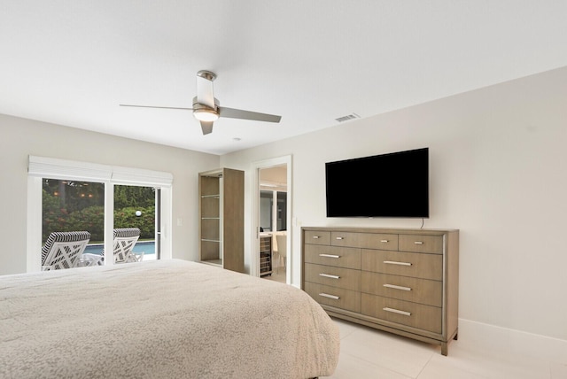 bedroom with access to exterior and ceiling fan