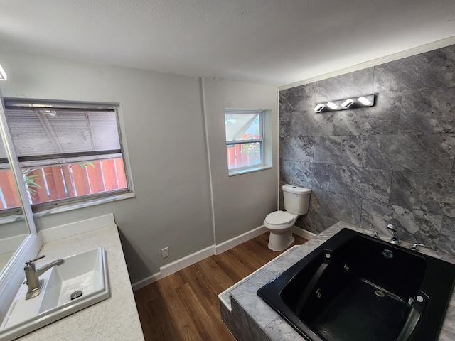 bathroom featuring a bathtub, vanity, toilet, tile walls, and wood-type flooring