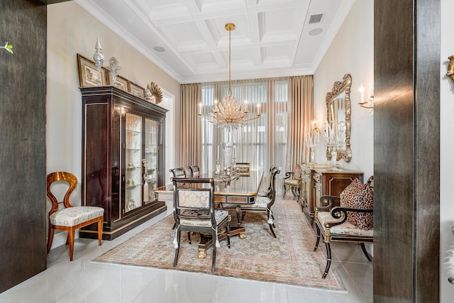 tiled dining area with beamed ceiling, ornamental molding, an inviting chandelier, and coffered ceiling