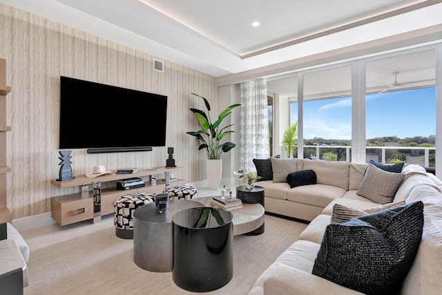 living room featuring ceiling fan