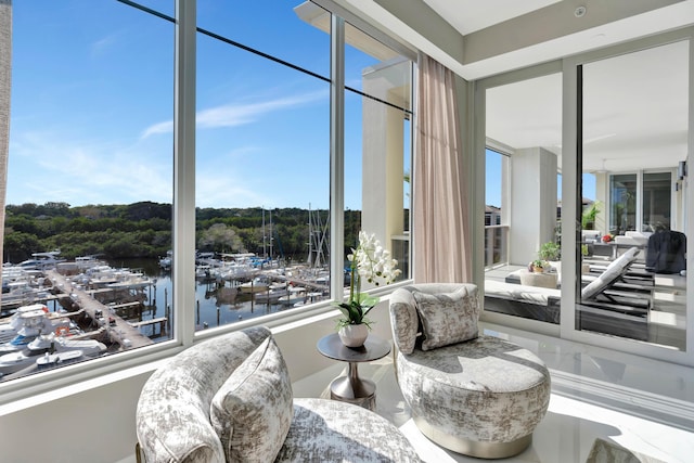 sunroom with a water view