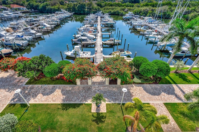 birds eye view of property featuring a water view