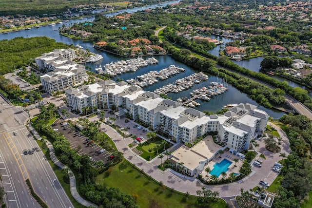 bird's eye view with a water view