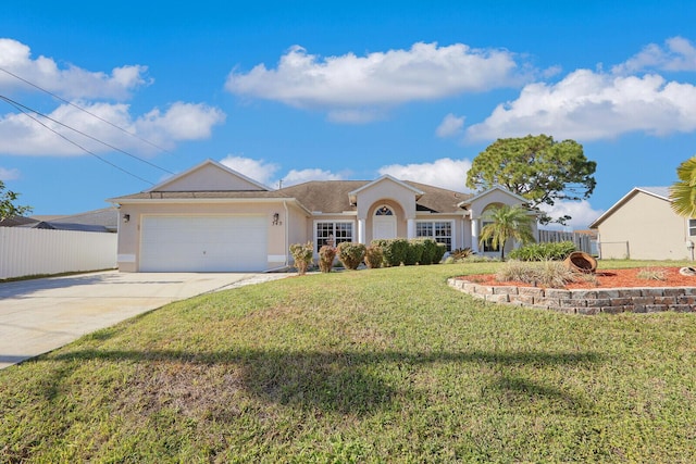 single story home featuring a front yard and a garage