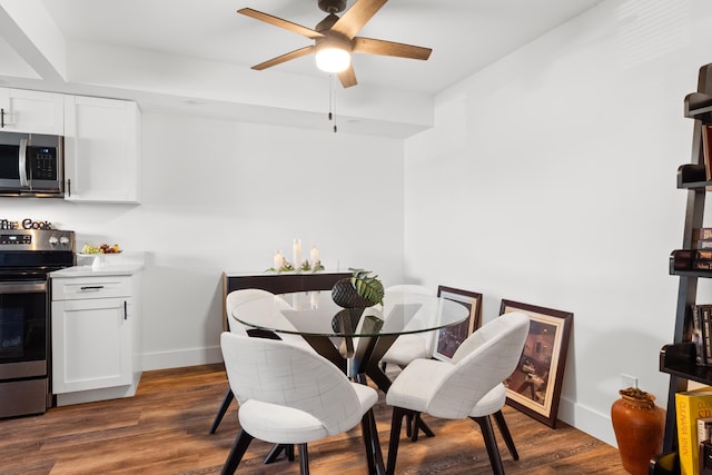 dining room with ceiling fan and dark hardwood / wood-style flooring