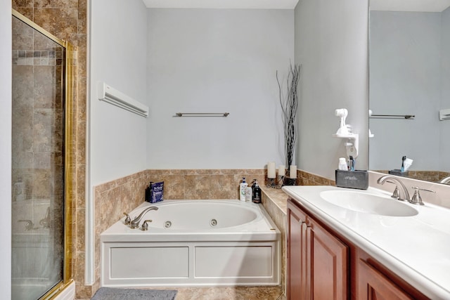 bathroom with independent shower and bath and vanity