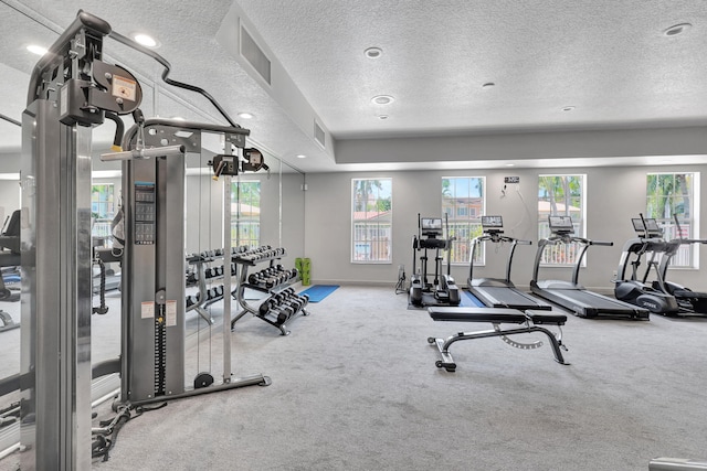 workout area featuring a textured ceiling and carpet flooring