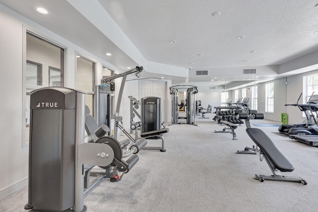 exercise room featuring a textured ceiling and light carpet