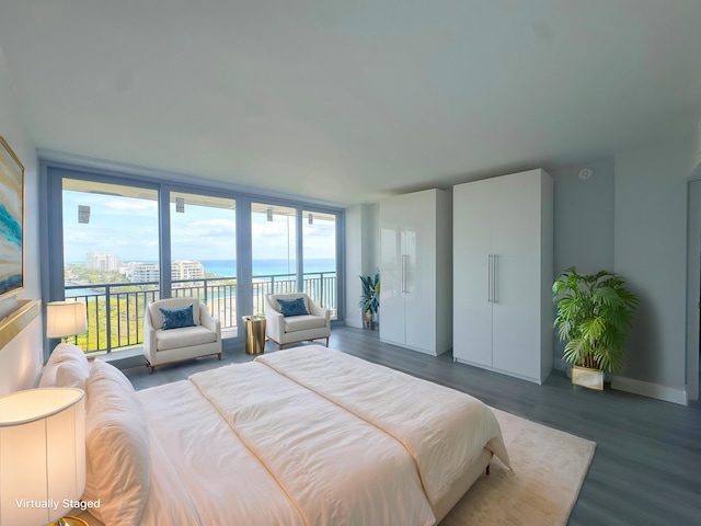1180 S Ocean Blvd Unit 15B, Boca Raton, FL 33432 - bedroom with access to exterior, a wall of windows, dark wood-style floors, multiple windows, and a water view
