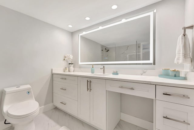 1180 S Ocean Blvd Unit 15B, Boca Raton, FL 33432 - full bath featuring marble finish floors, a marble finish shower, baseboards, toilet, and vanity