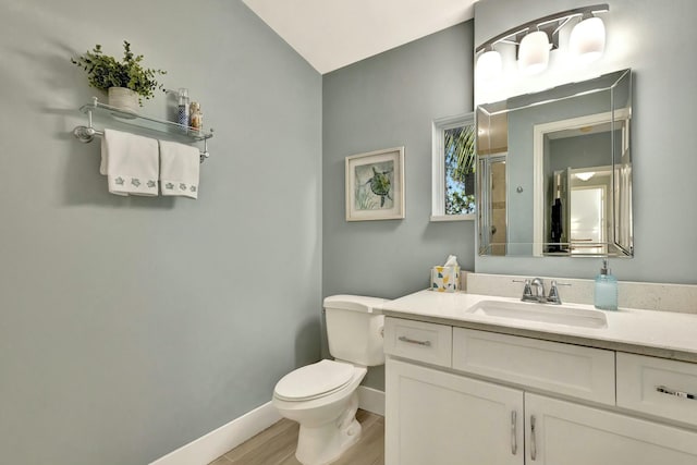 bathroom with walk in shower, vanity, wood-type flooring, and toilet