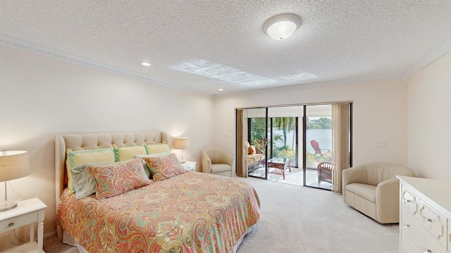 bedroom with access to exterior, light colored carpet, ornamental molding, and a textured ceiling