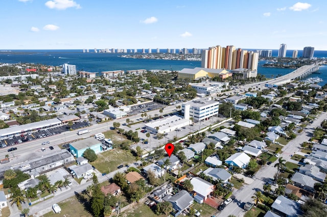 drone / aerial view with a water view