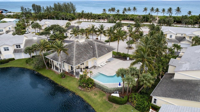 aerial view featuring a water view