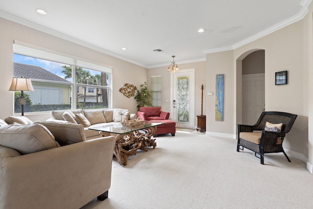 carpeted living room featuring crown molding