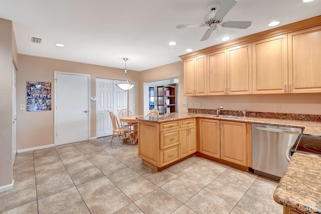 kitchen with kitchen peninsula, ceiling fan, light brown cabinetry, hanging light fixtures, and stainless steel dishwasher