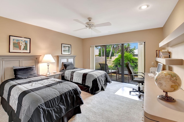 bedroom with light carpet, ceiling fan, and access to outside