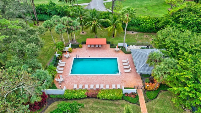 view of pool featuring a patio and an outdoor bar