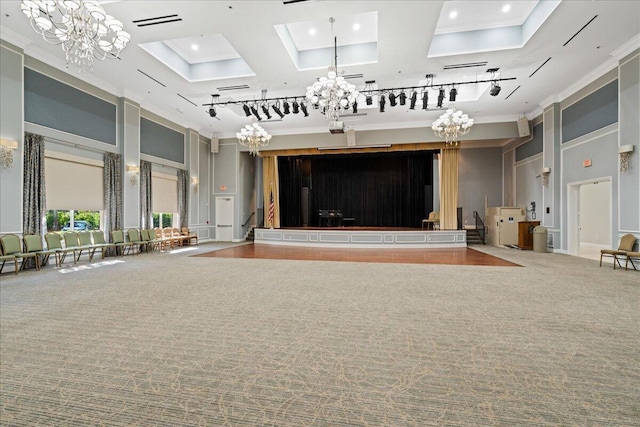 unfurnished living room with crown molding, carpet, and a chandelier