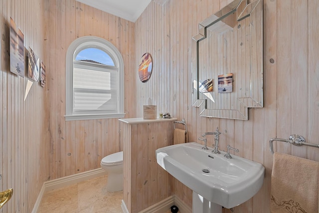 bathroom with sink, wooden walls, and toilet