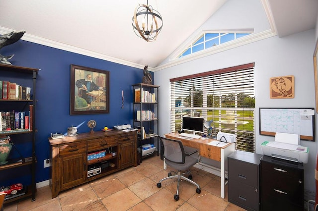 office featuring crown molding, a chandelier, and vaulted ceiling