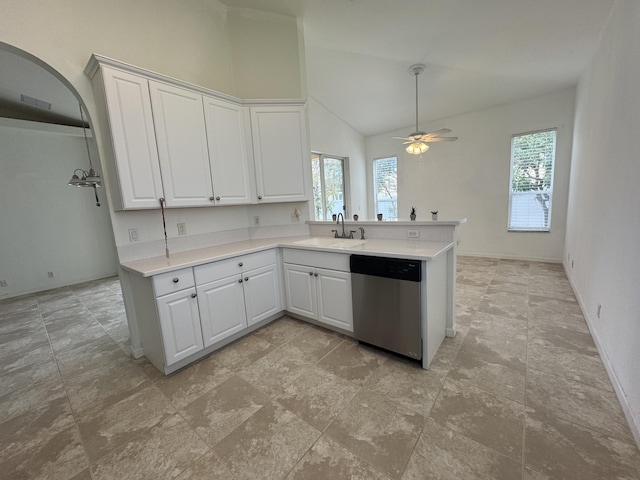 kitchen with ceiling fan, sink, white cabinets, and stainless steel dishwasher