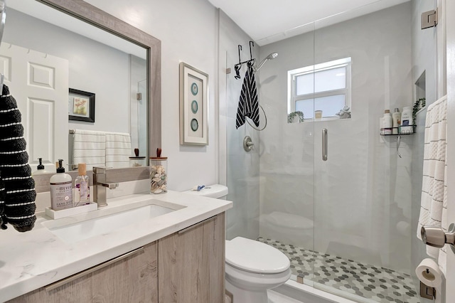 bathroom with vanity, toilet, and an enclosed shower