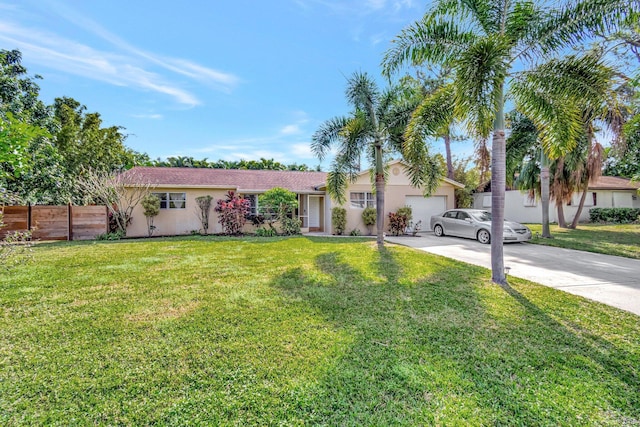 ranch-style home with a front yard and a garage