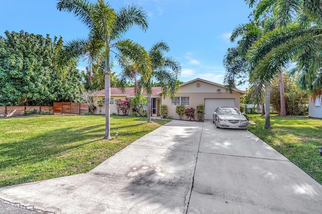 ranch-style home with a garage and a front lawn