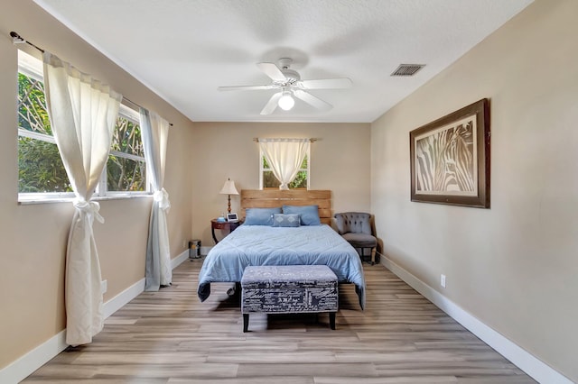 bedroom featuring ceiling fan and light hardwood / wood-style floors