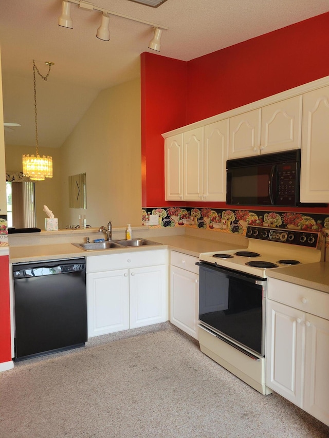 kitchen featuring white cabinets, black appliances, light carpet, sink, and hanging light fixtures