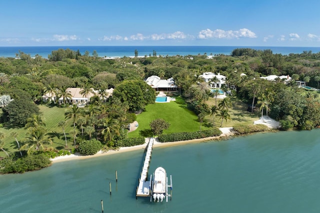 drone / aerial view featuring a water view