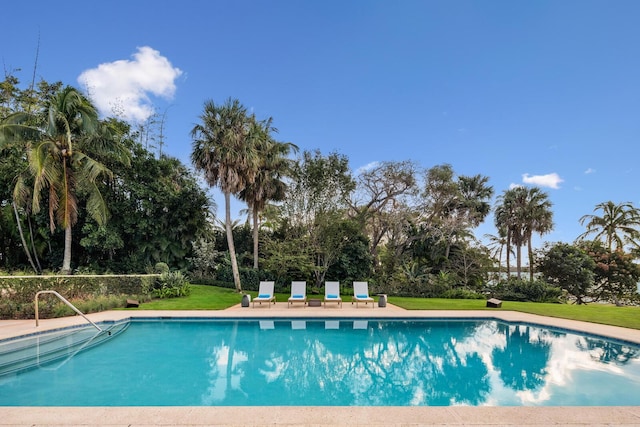 view of swimming pool featuring a lawn