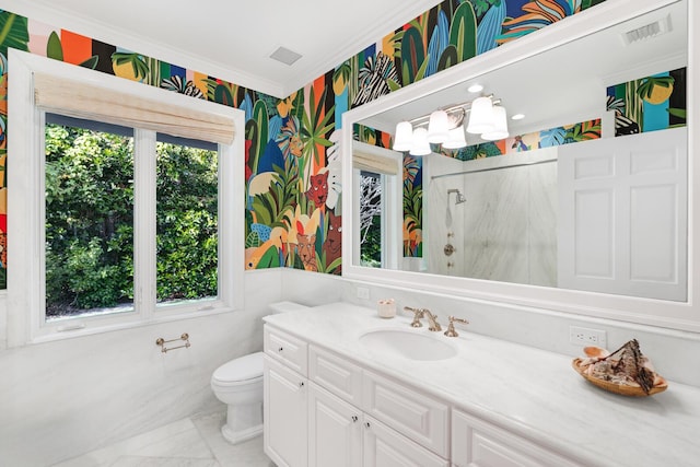 bathroom featuring vanity, toilet, walk in shower, and crown molding