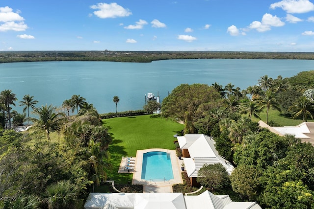 birds eye view of property featuring a water view