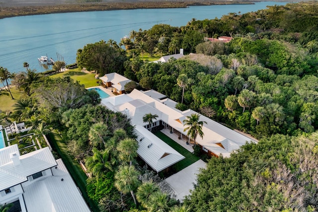 drone / aerial view featuring a water view