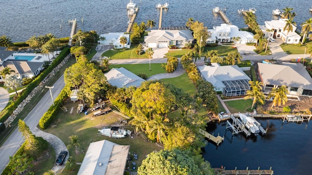 aerial view featuring a water view