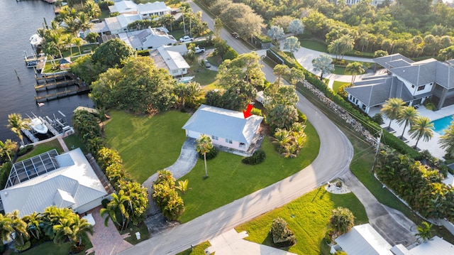 bird's eye view with a water view