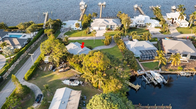 drone / aerial view with a water view