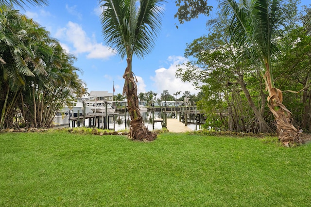 dock area featuring a water view and a yard